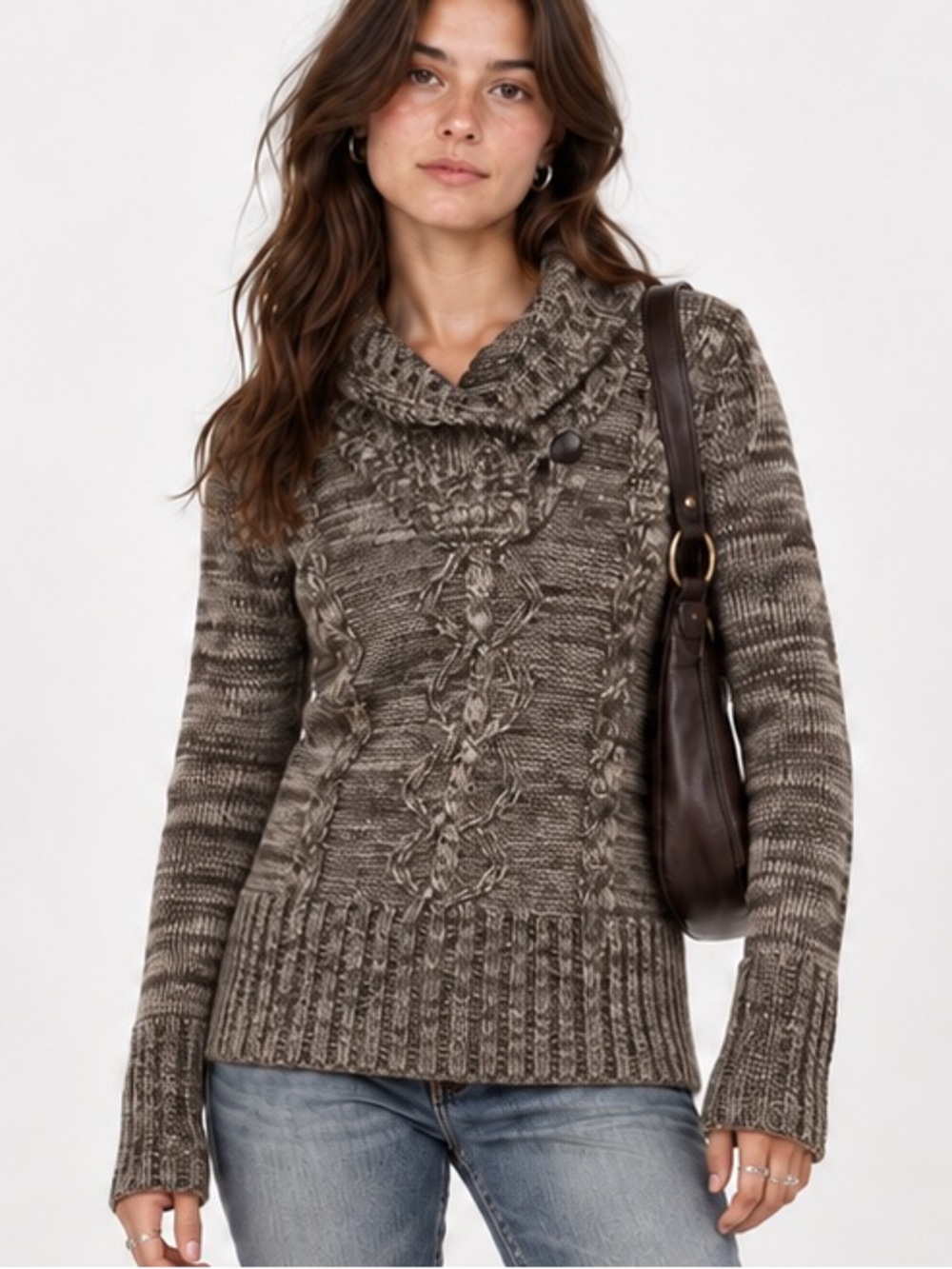 Love Change Y2K Retro Style Sweater Chunky Knit Shawl Collar Brown Marled Small
